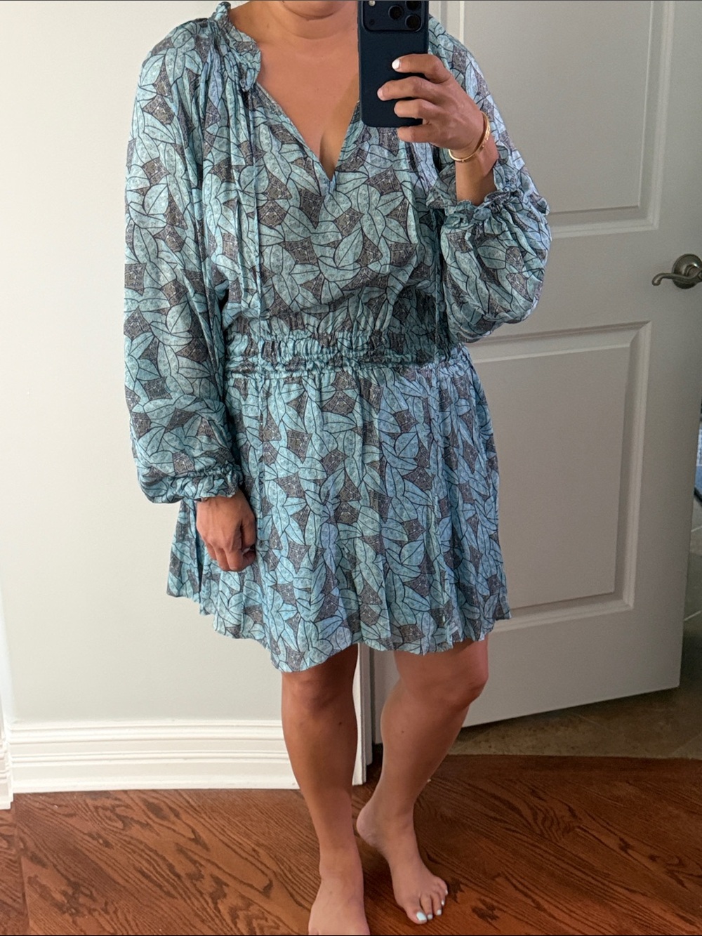 Ramy Brook Teal-Blue Leaf Print Smocked-Waist Mini Dress